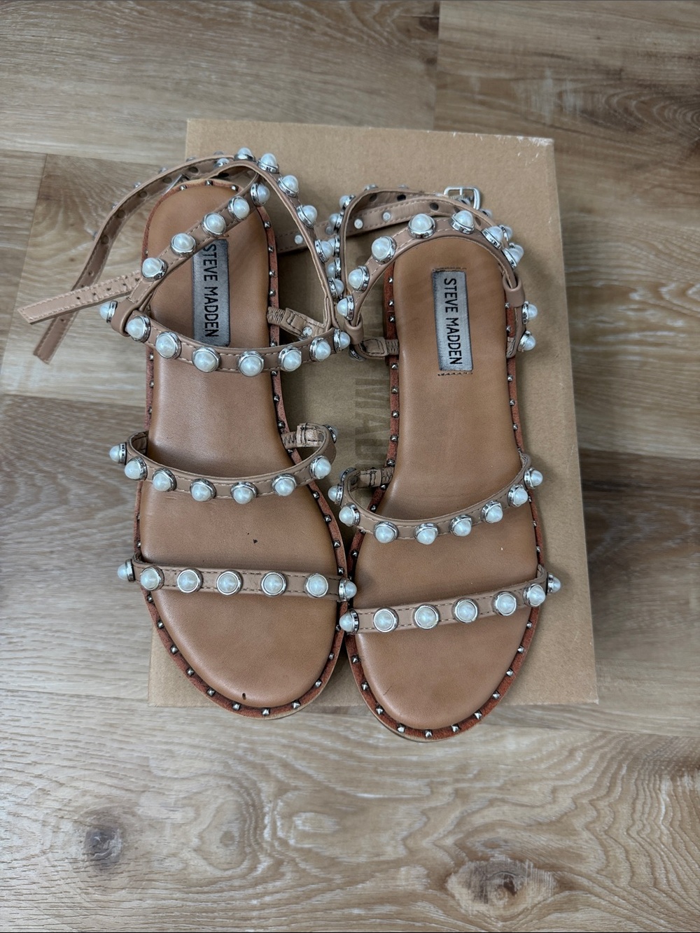 Steve Madden Tan Pearl-Embellished Strappy Sandals - Picture 2 of 3